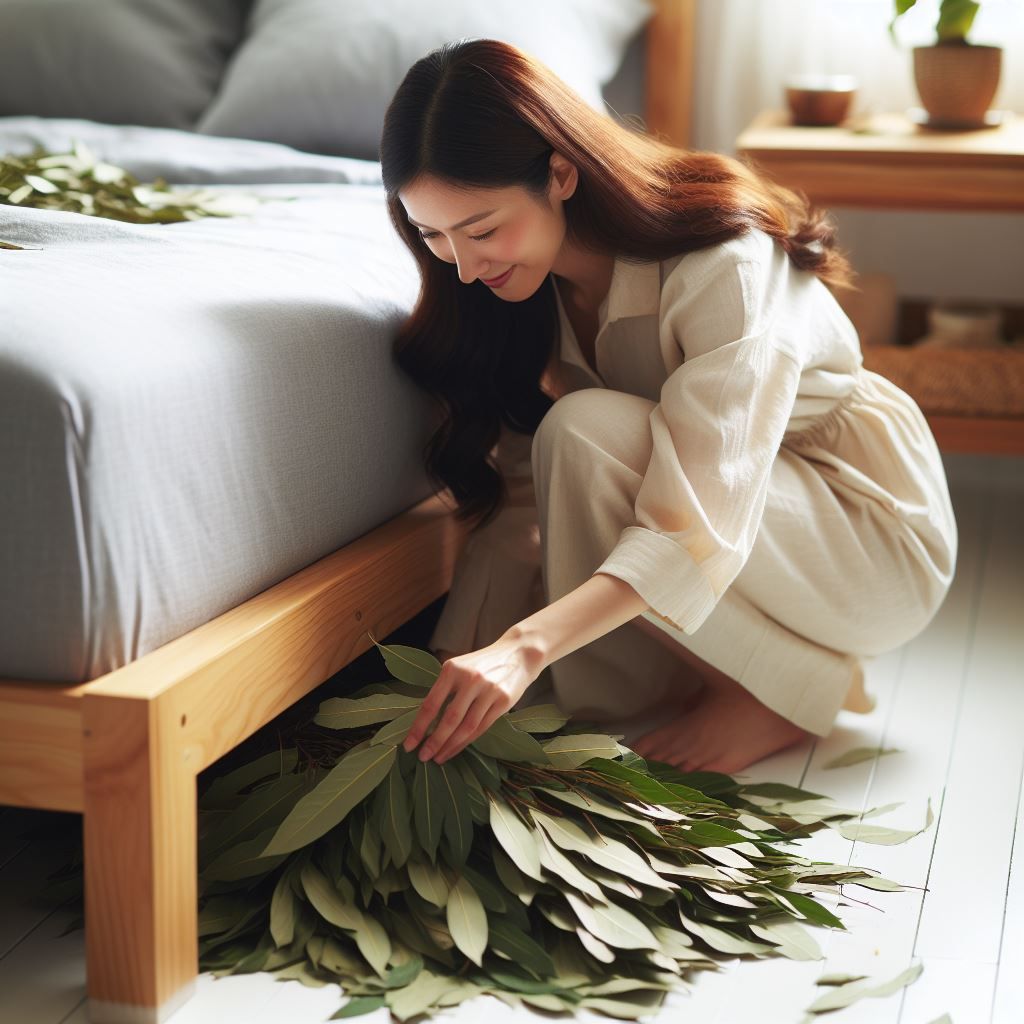 mujer metiendo hojas de laurel bajo la cama para atraer el dinero